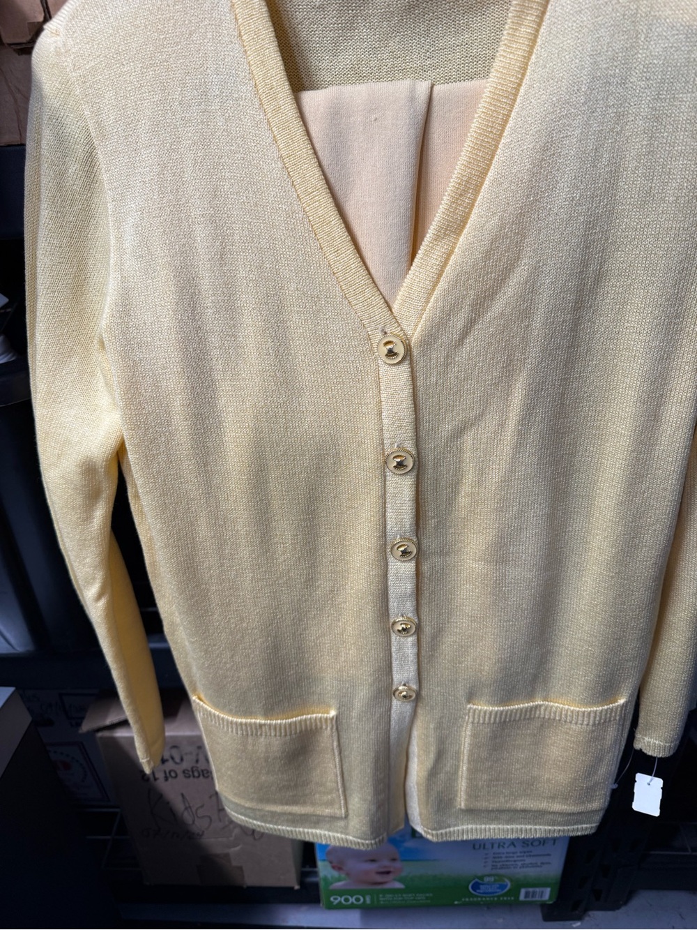 Women’s V-Neck Button Cardigan Sweater in Pale Yellow (Natalie Baroni- San Remo)